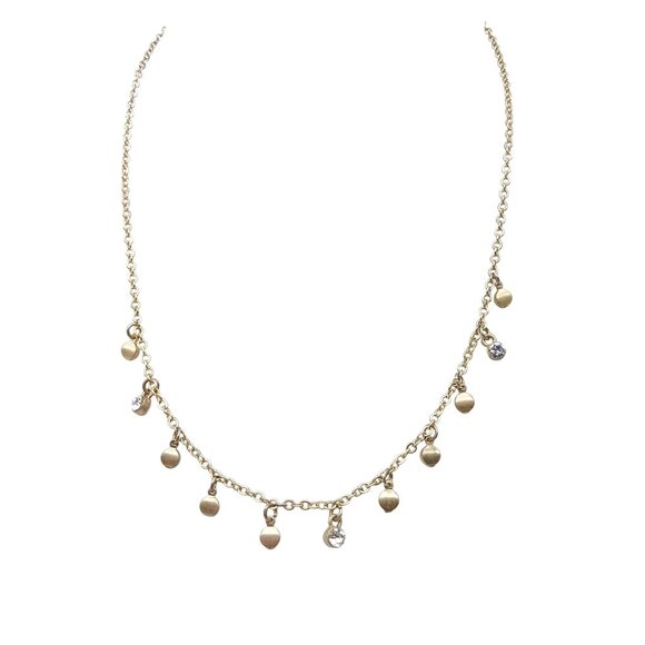 Chic Minimalist Bib Dangle Necklace, Gold Tone Disc & Crystal Charms